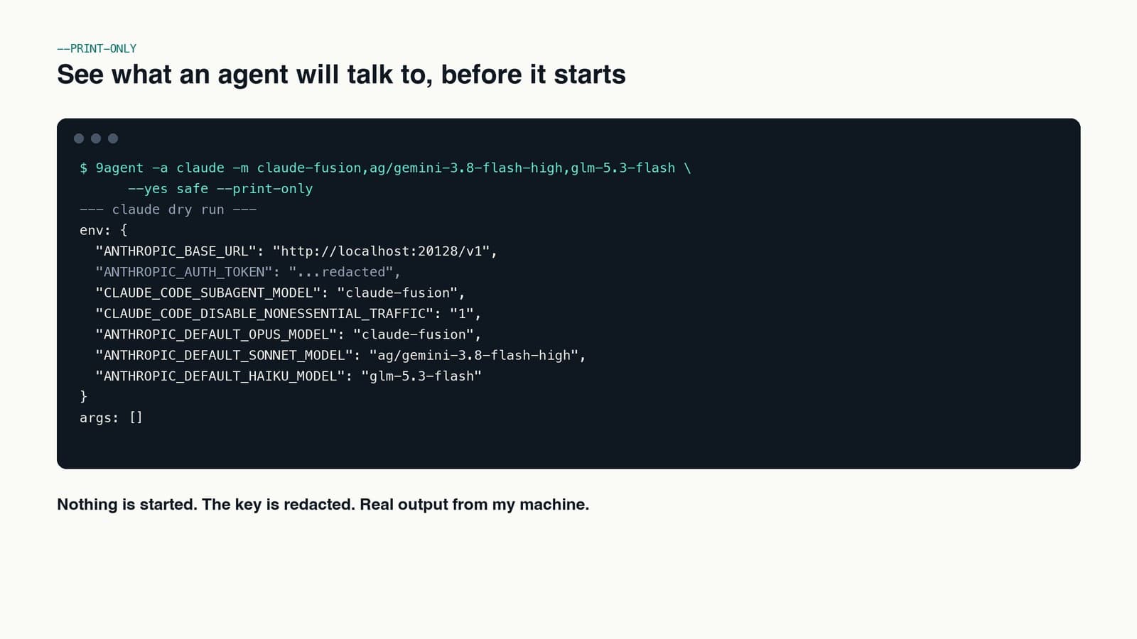 Terminal output of 9agent --print-only showing the resolved Claude Code environment variables, with the key redacted