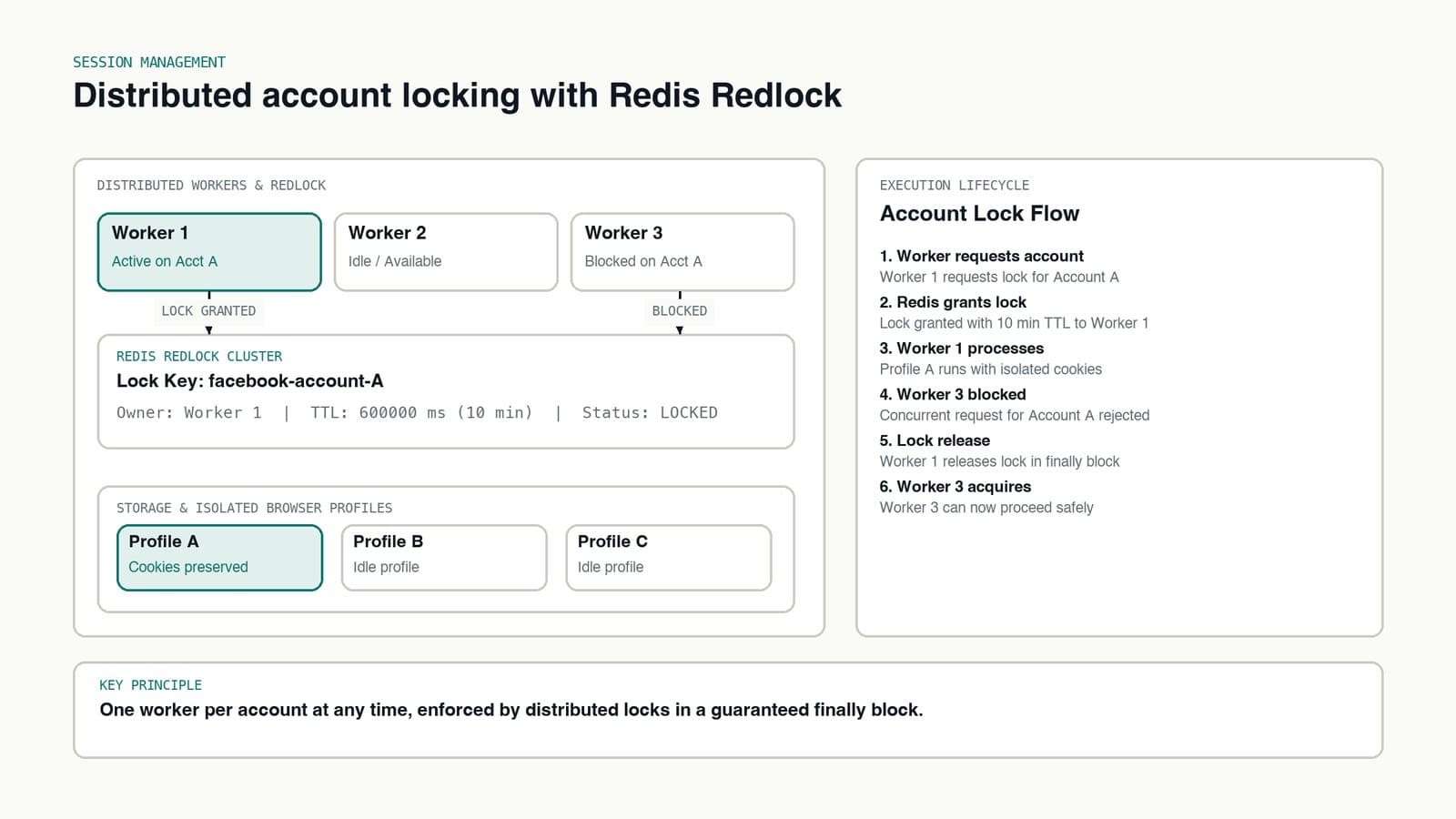 Diagram of distributed account locking across workers, Redis Redlock, and isolated browser profiles.
