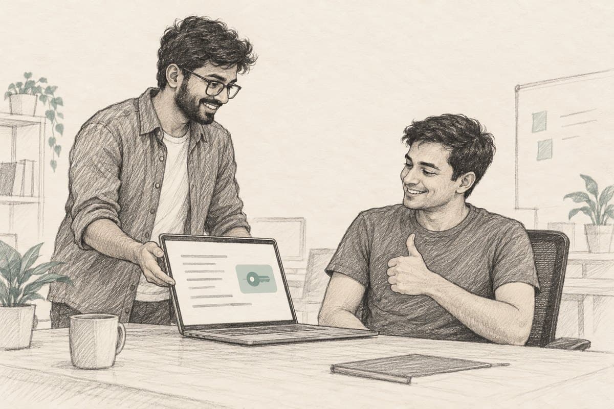 Sketch of me showing our CTO a self-hosted markdown editor on a laptop, and him giving a thumbs-up